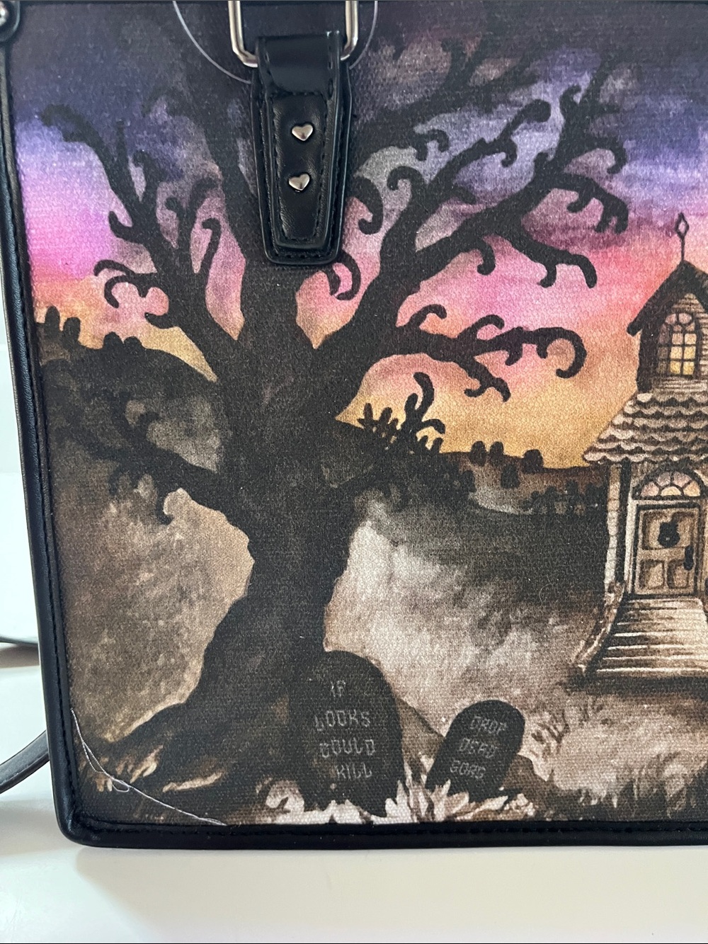 Betsey Johnson Black and Purple Haunted House Crossbody Bag with Bat Charm - Picture 7 of 16